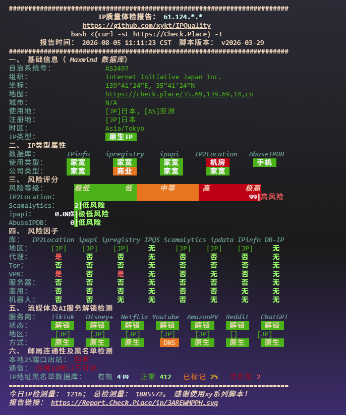 Bytevirt 日本家宽样本 IP 质量与流媒体解锁报告